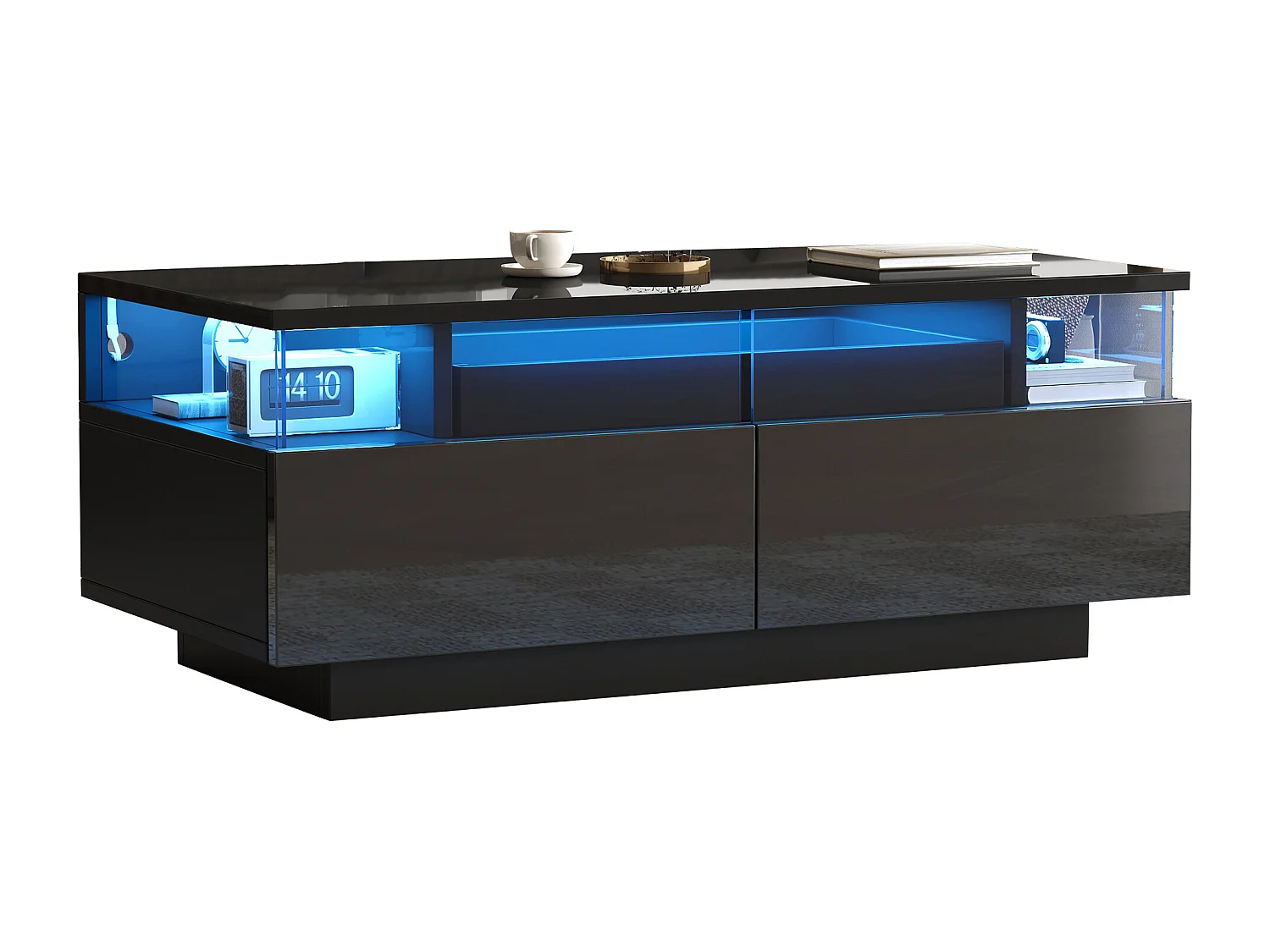 Tavolino da caffè lucido - 90 x 45 x 35,5 cm - con 2 cassetti + LED - vetro temperato + MDF - nero