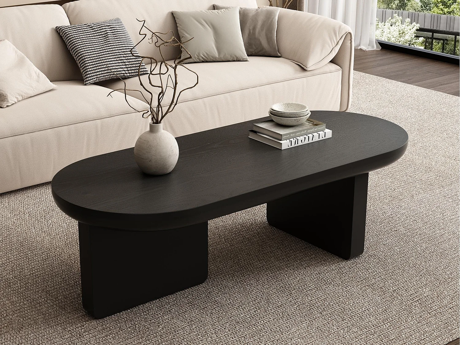 Table basse moderne 119.7x49.8x35.5 cm - Forme ovale - En MDF - Noir