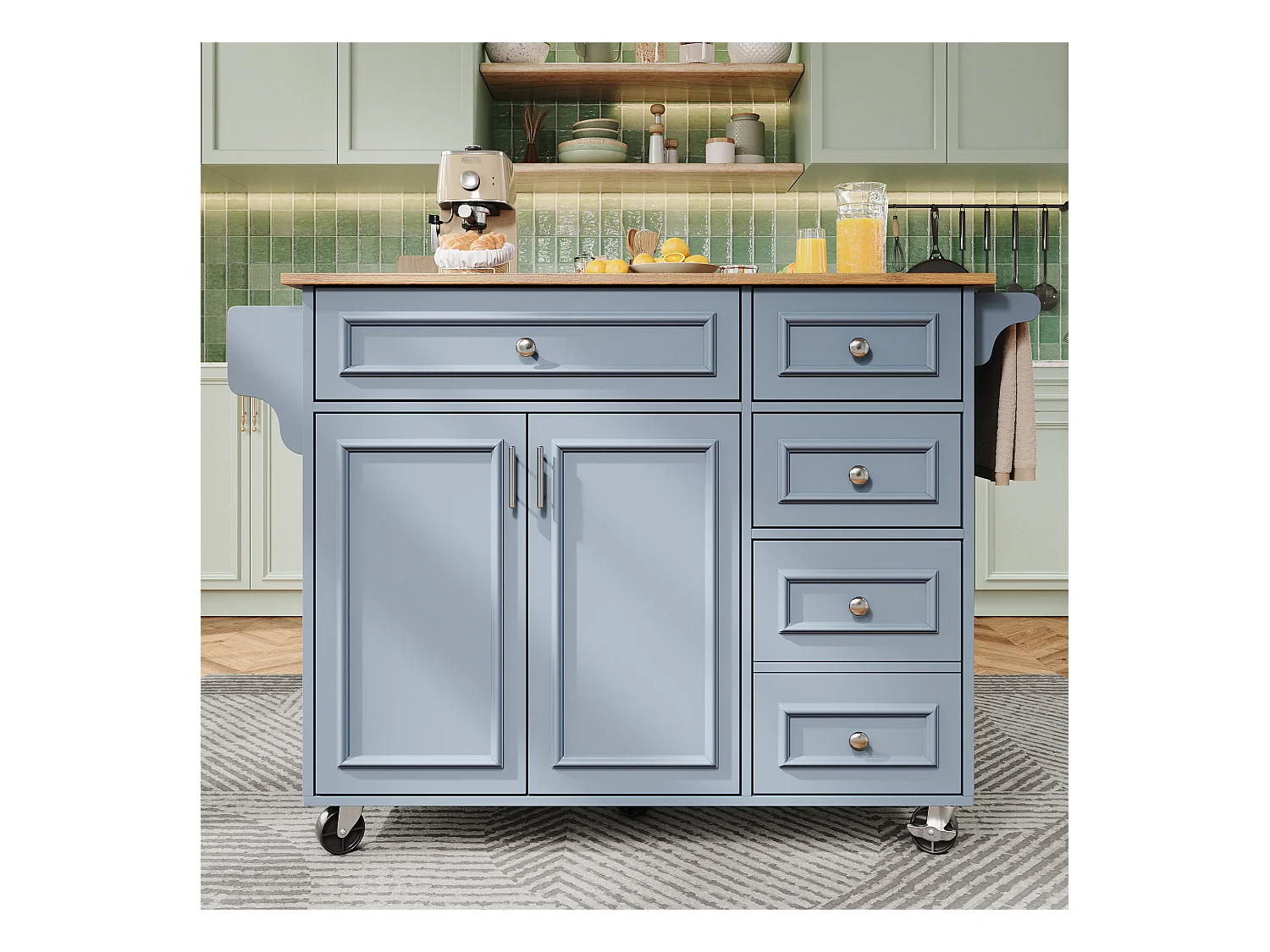 Îlot de cuisine - 110 x 45-75 x 92cm - chariot de service amovible - avec 5 tiroirs + 2 portes - MDF - bleu