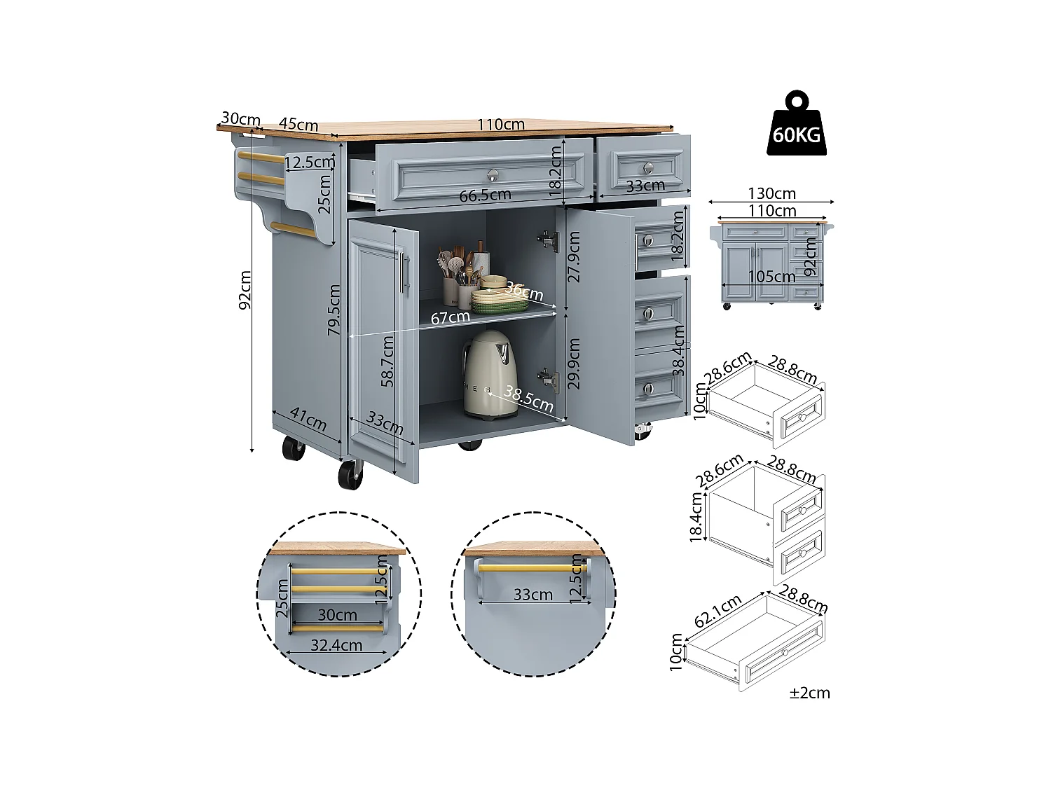 Îlot de cuisine - 110 x 45-75 x 92cm - chariot de service amovible - avec 5 tiroirs + 2 portes - MDF - bleu