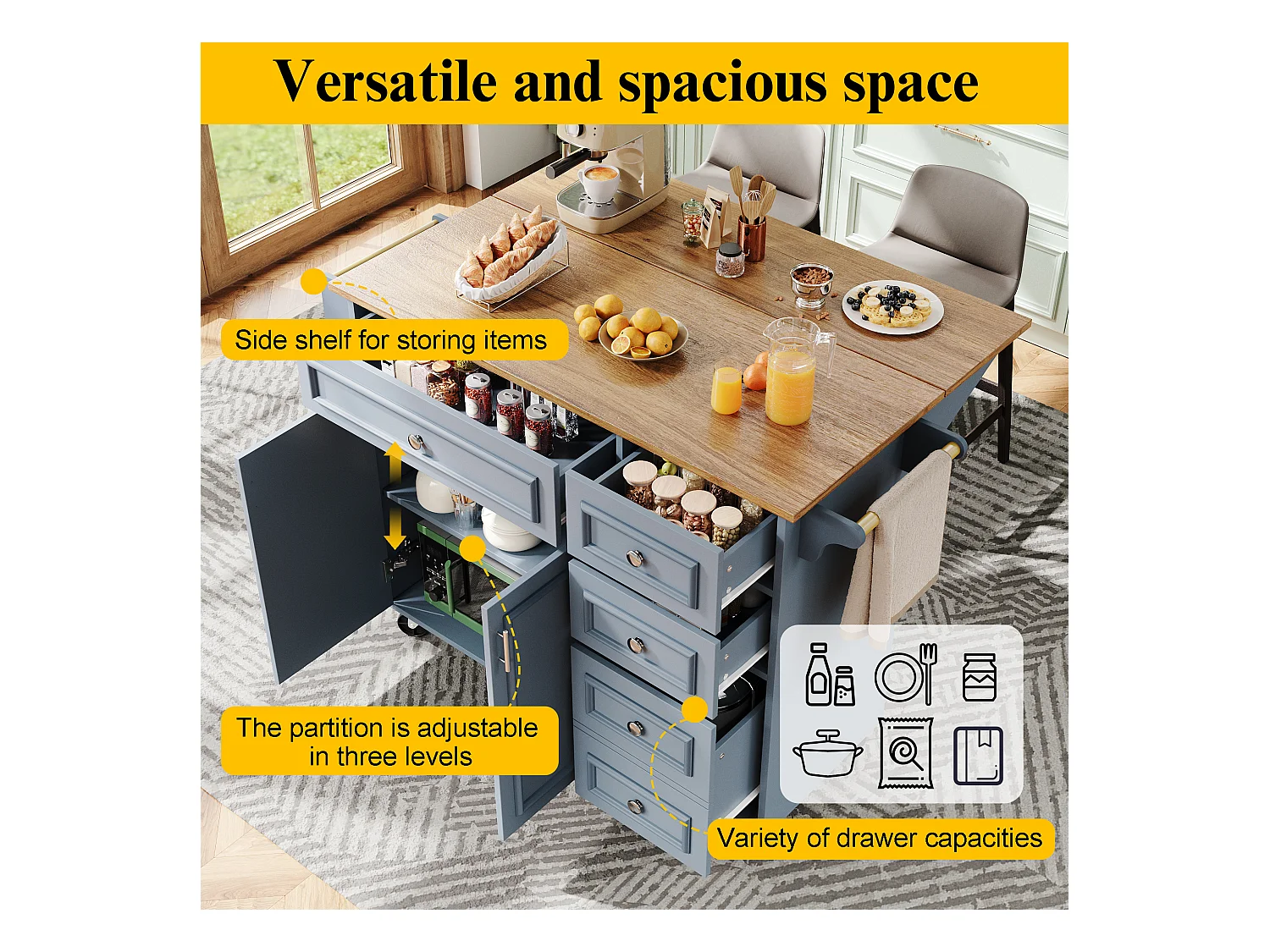 Îlot de cuisine - 110 x 45-75 x 92cm - chariot de service amovible - avec 5 tiroirs + 2 portes - MDF - bleu