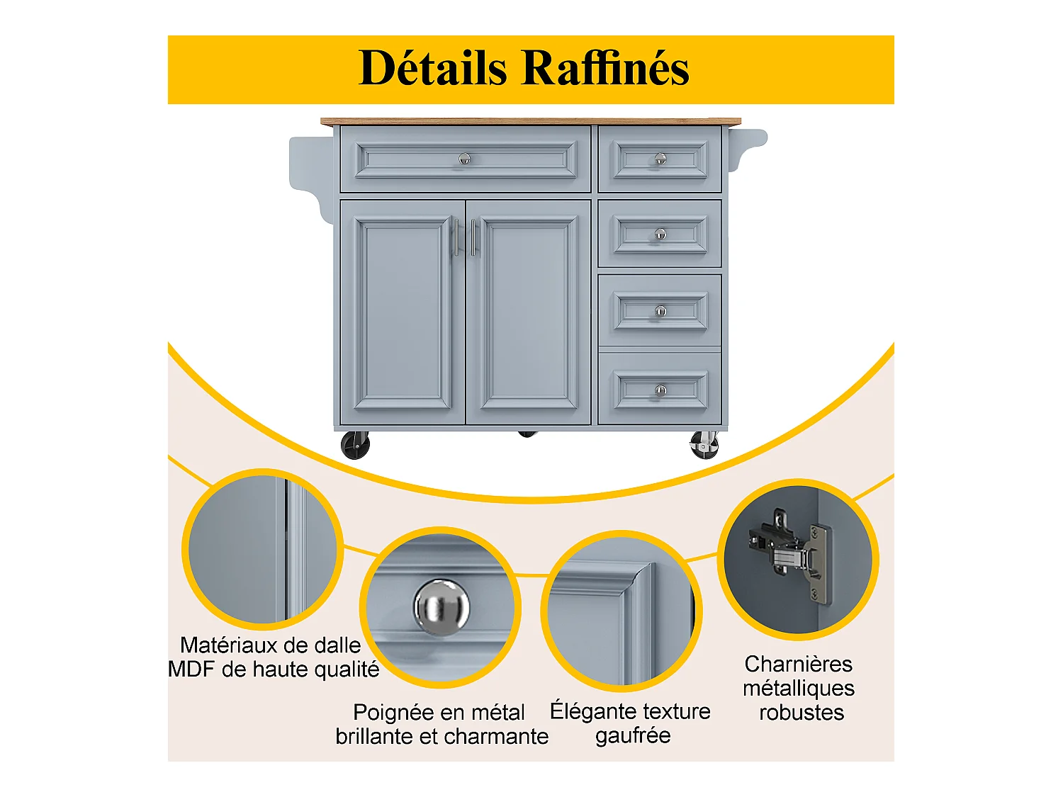 Îlot de cuisine - 110 x 45-75 x 92cm - chariot de service amovible - avec 5 tiroirs + 2 portes - MDF - bleu