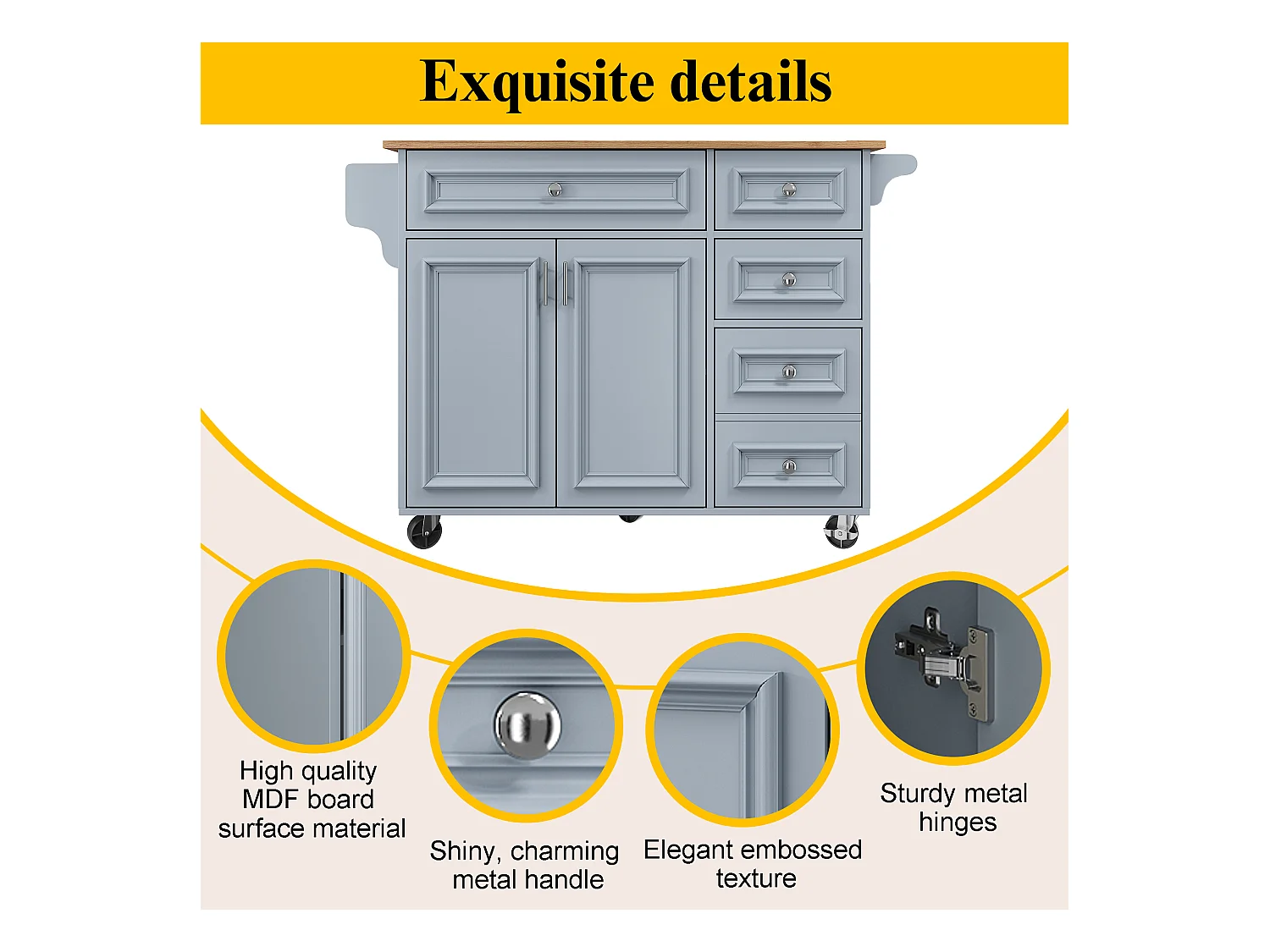 Îlot de cuisine - 110 x 45-75 x 92cm - chariot de service amovible - avec 5 tiroirs + 2 portes - MDF - bleu