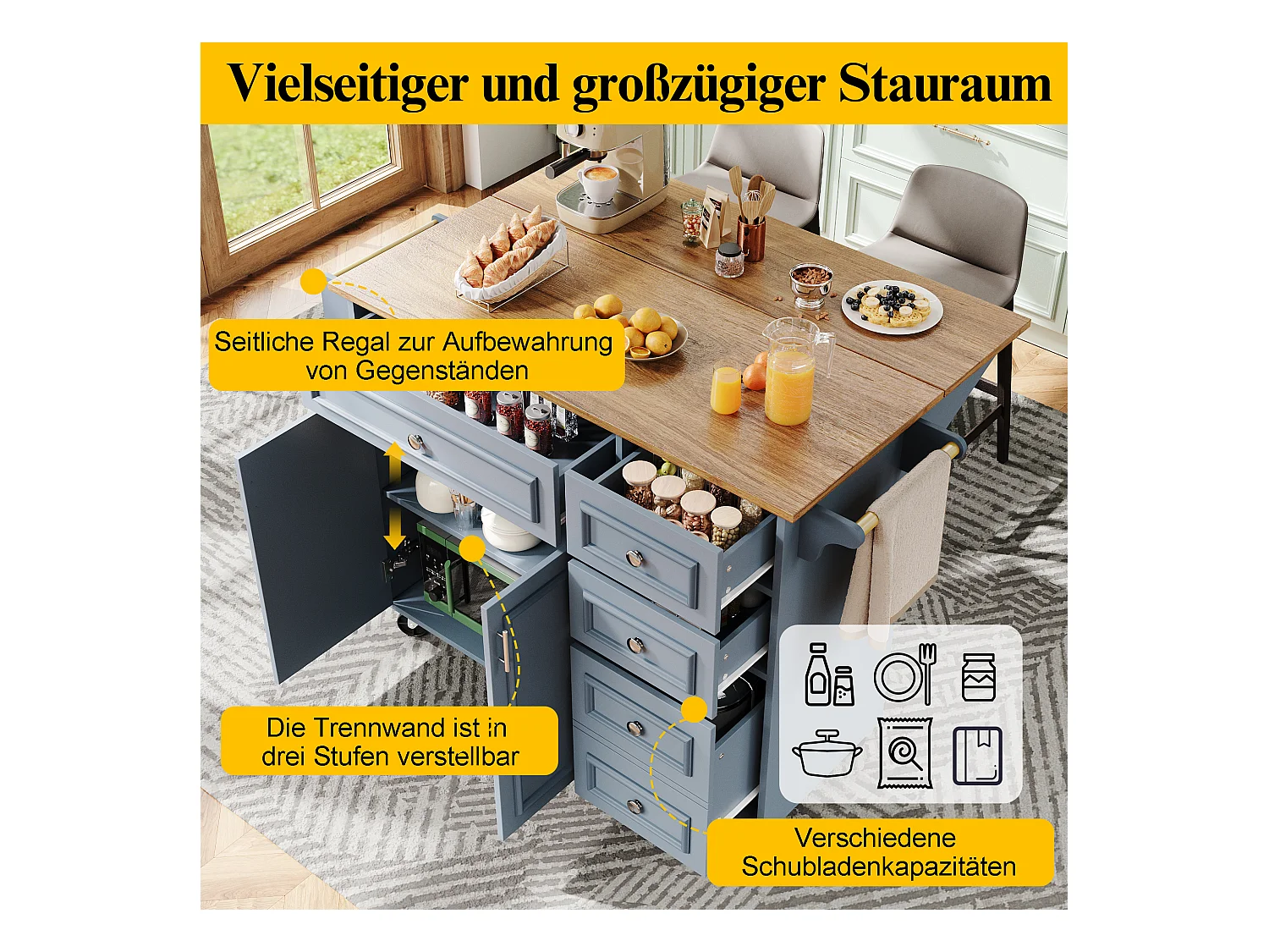 Îlot de cuisine - 110 x 45-75 x 92cm - chariot de service amovible - avec 5 tiroirs + 2 portes - MDF - bleu