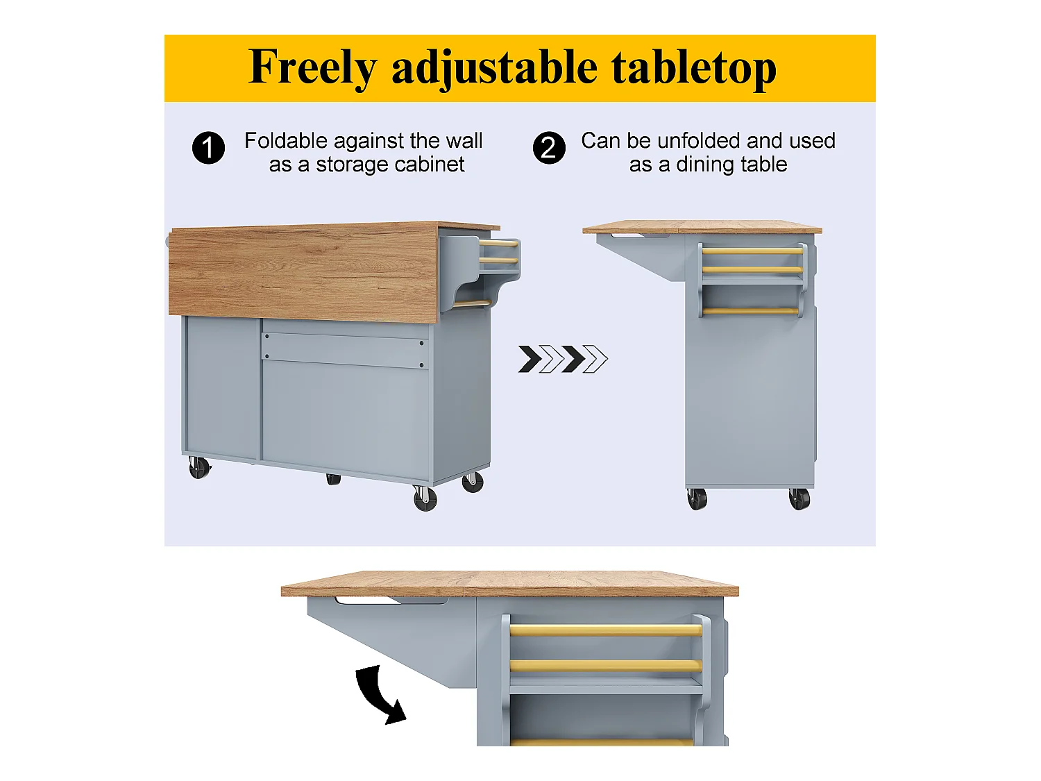 Îlot de cuisine - 110 x 45-75 x 92cm - chariot de service amovible - avec 5 tiroirs + 2 portes - MDF - bleu