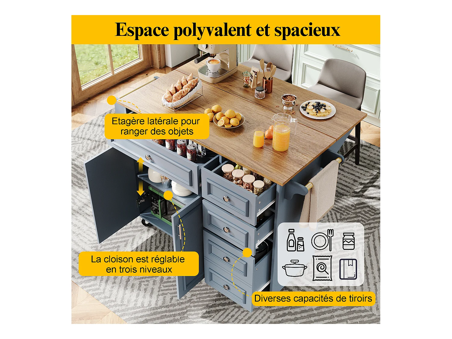 Îlot de cuisine - 110 x 45-75 x 92cm - chariot de service amovible - avec 5 tiroirs + 2 portes - MDF - bleu