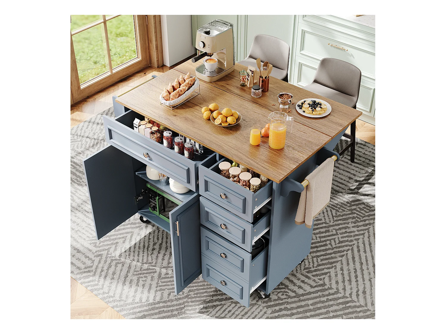 Îlot de cuisine - 110 x 45-75 x 92cm - chariot de service amovible - avec 5 tiroirs + 2 portes - MDF - bleu
