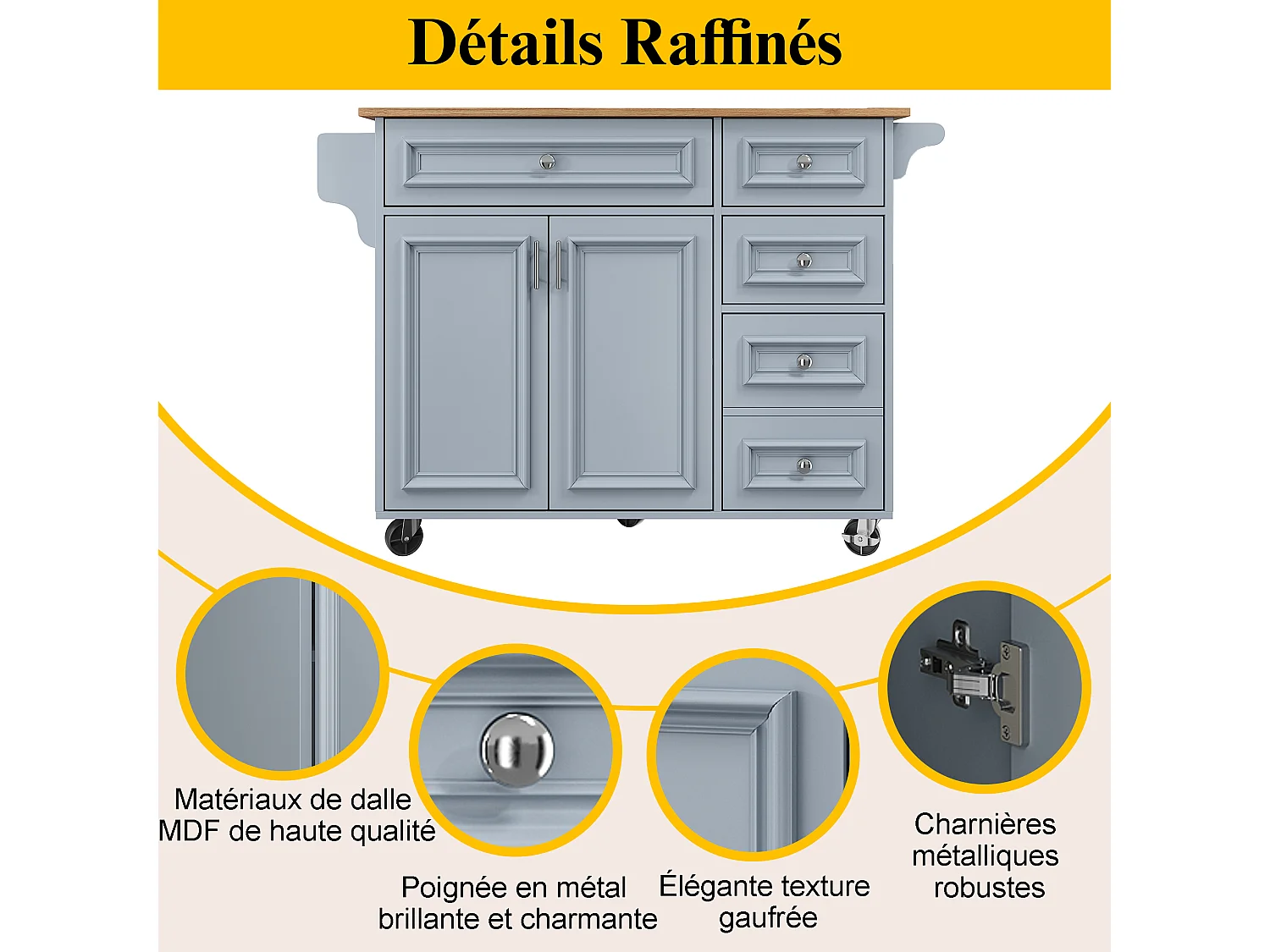 Îlot de cuisine - 110 x 45-75 x 92cm - chariot de service amovible - avec 5 tiroirs + 2 portes - MDF - bleu