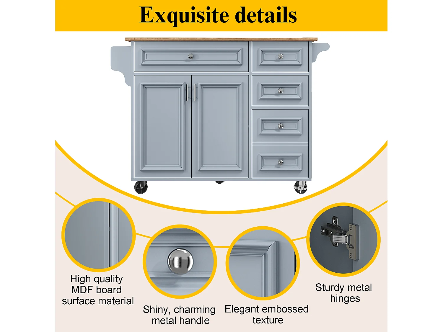 Îlot de cuisine - 110 x 45-75 x 92cm - chariot de service amovible - avec 5 tiroirs + 2 portes - MDF - bleu