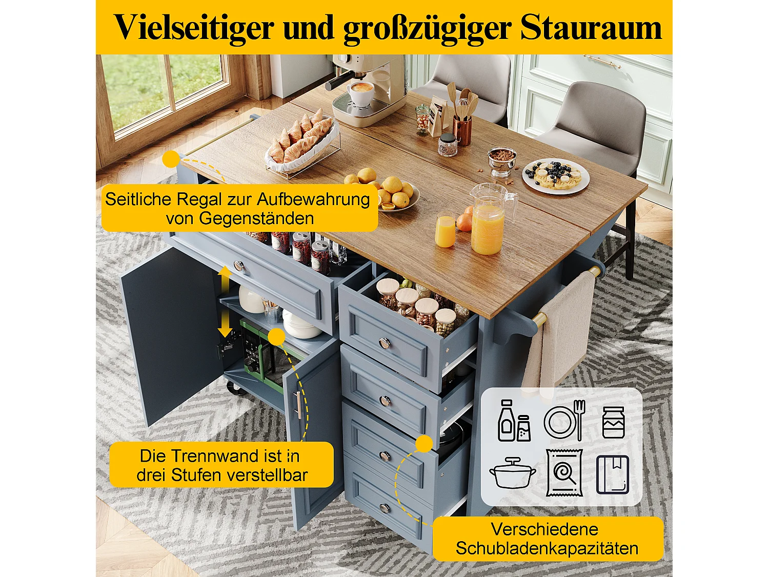 Îlot de cuisine - 110 x 45-75 x 92cm - chariot de service amovible - avec 5 tiroirs + 2 portes - MDF - bleu