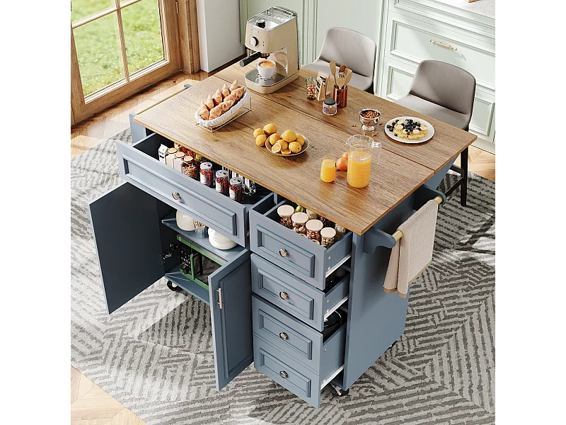 Îlot de cuisine - 110 x 45-75 x 92cm - chariot de service amovible - avec 5 tiroirs + 2 portes - MDF - bleu