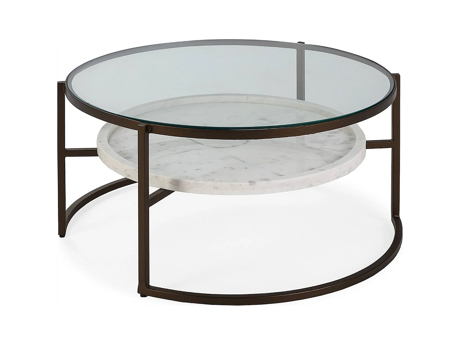 Table à café verre et marbre blanc finition bronze antique