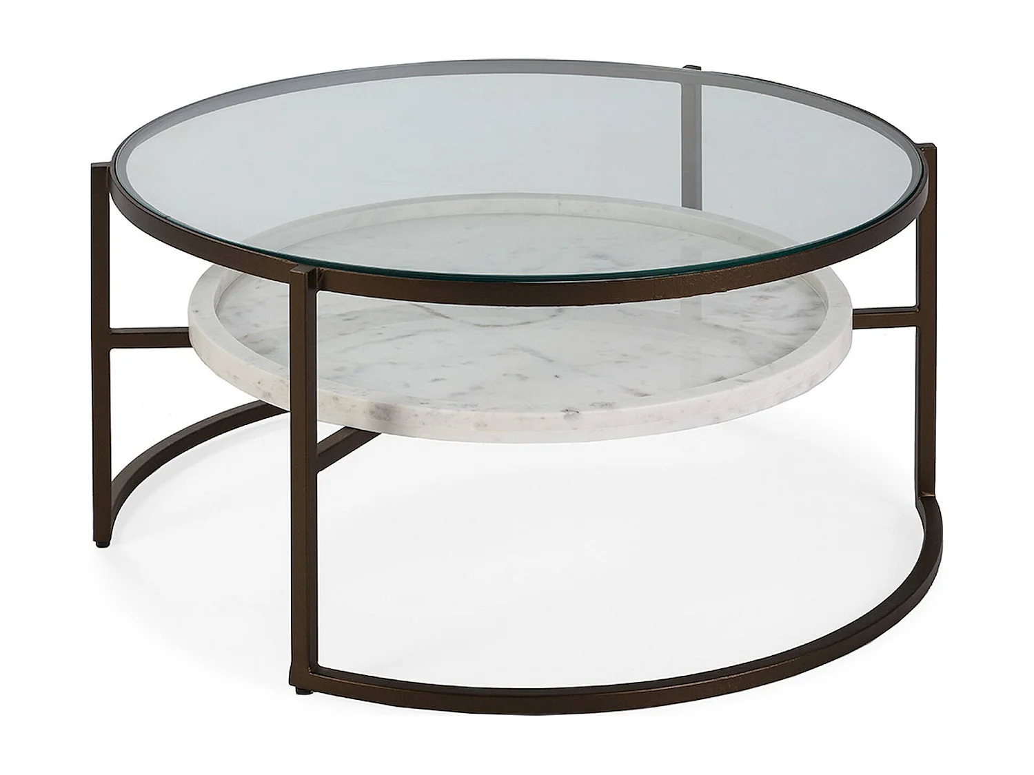 Table à café verre et marbre blanc finition bronze antique