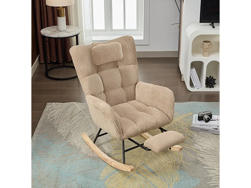 Schaukelstuhl mit gepolsterter Sitzfläche - 102 x 65 x 92 cm - hohe Rückenlehne - mit Nackenkissen - Holz - braun