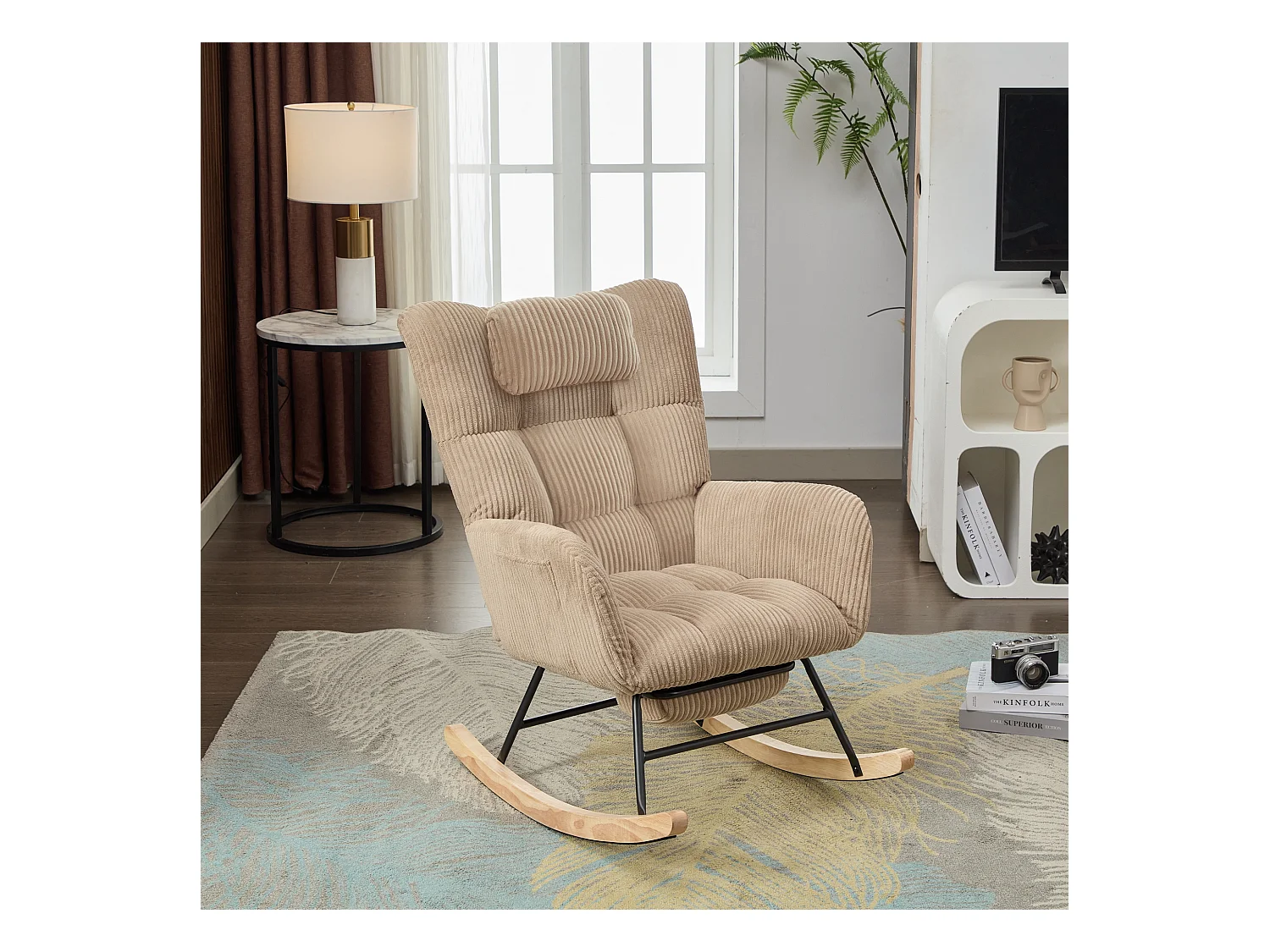 Rocking chair avec siège rembourré - 102 x 65 x 92 cm - dossier haut - avec coussin de nuque - bois - marron