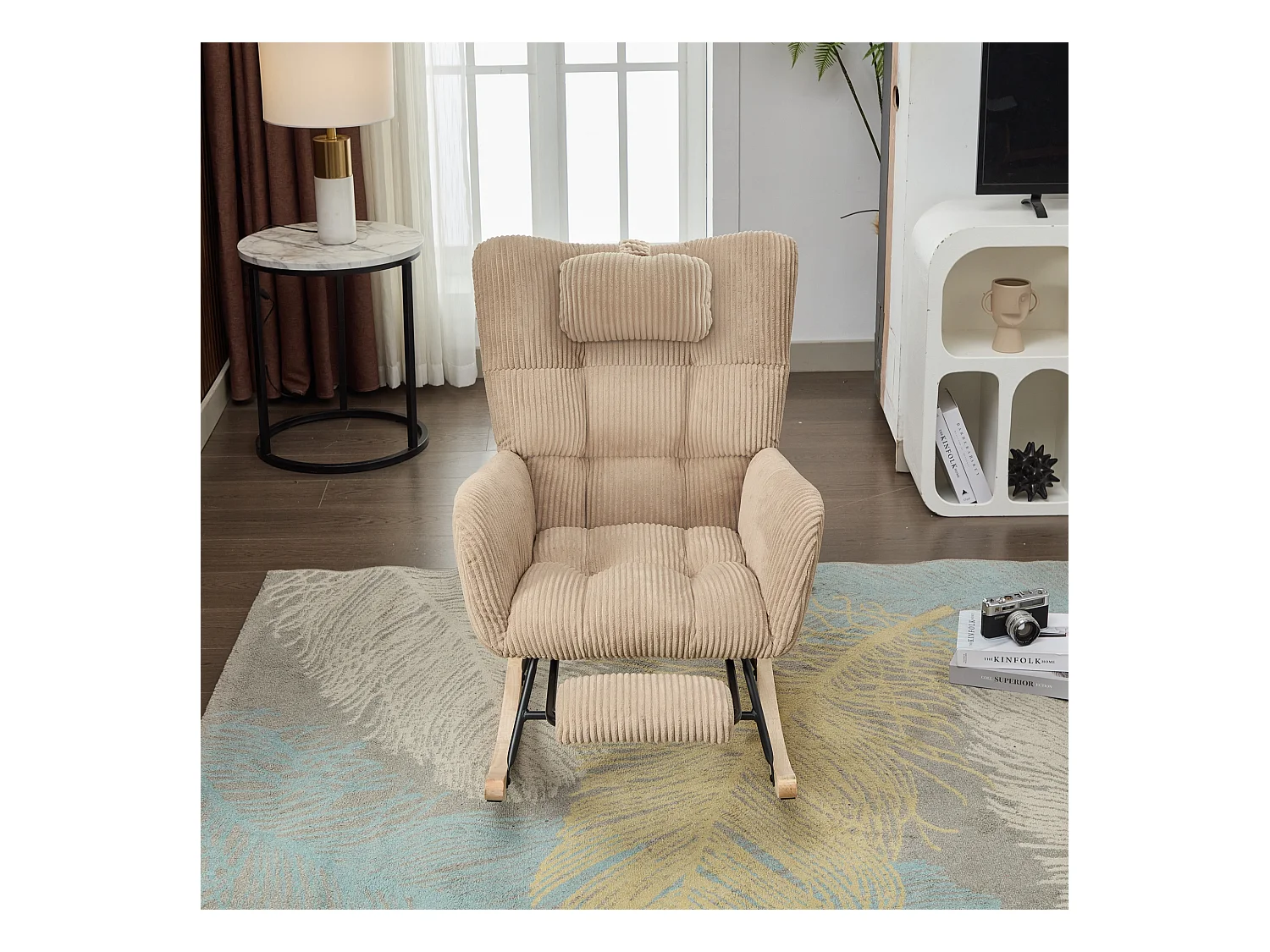 Rocking chair avec siège rembourré - 102 x 65 x 92 cm - dossier haut - avec coussin de nuque - bois - marron