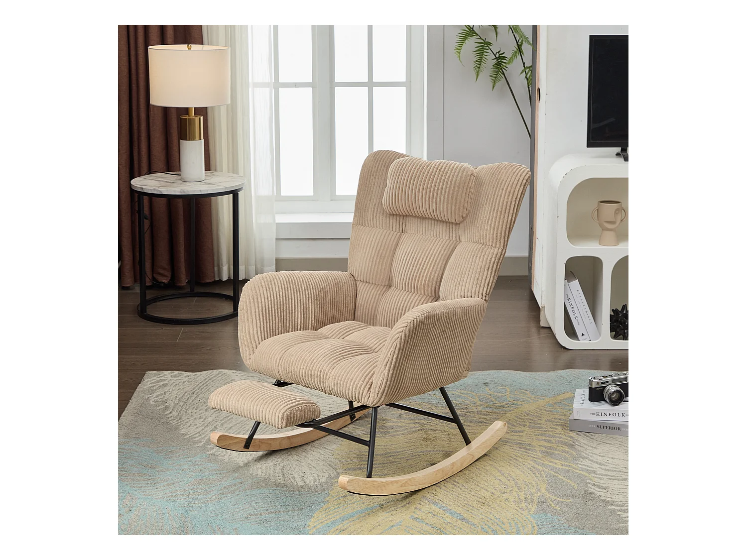 Rocking chair avec siège rembourré - 102 x 65 x 92 cm - dossier haut - avec coussin de nuque - bois - marron