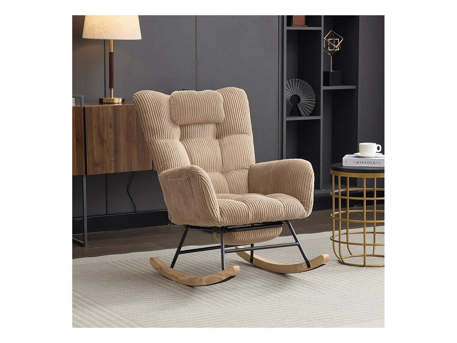 Rocking chair avec siège rembourré - 102 x 65 x 92 cm - dossier haut - avec coussin de nuque - bois - marron