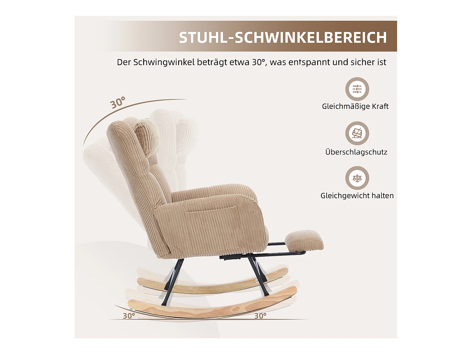 Rocking chair avec siège rembourré - 102 x 65 x 92 cm - dossier haut - avec coussin de nuque - bois - marron