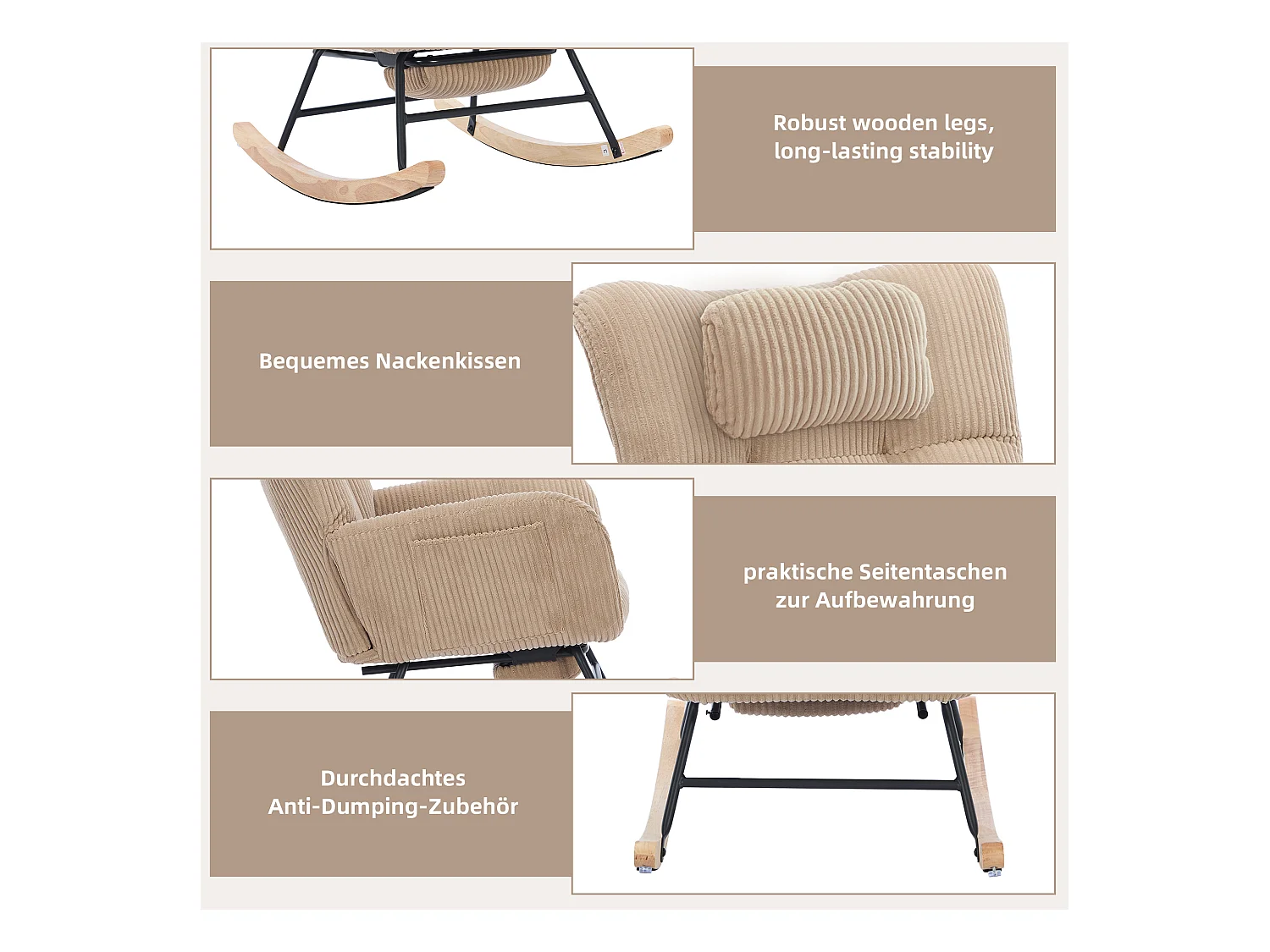 Rocking chair avec siège rembourré - 102 x 65 x 92 cm - dossier haut - avec coussin de nuque - bois - marron