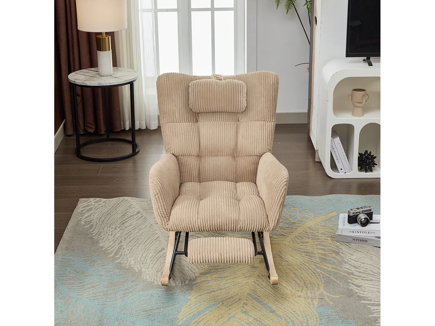 Rocking chair avec siège rembourré - 102 x 65 x 92 cm - dossier haut - avec coussin de nuque - bois - marron