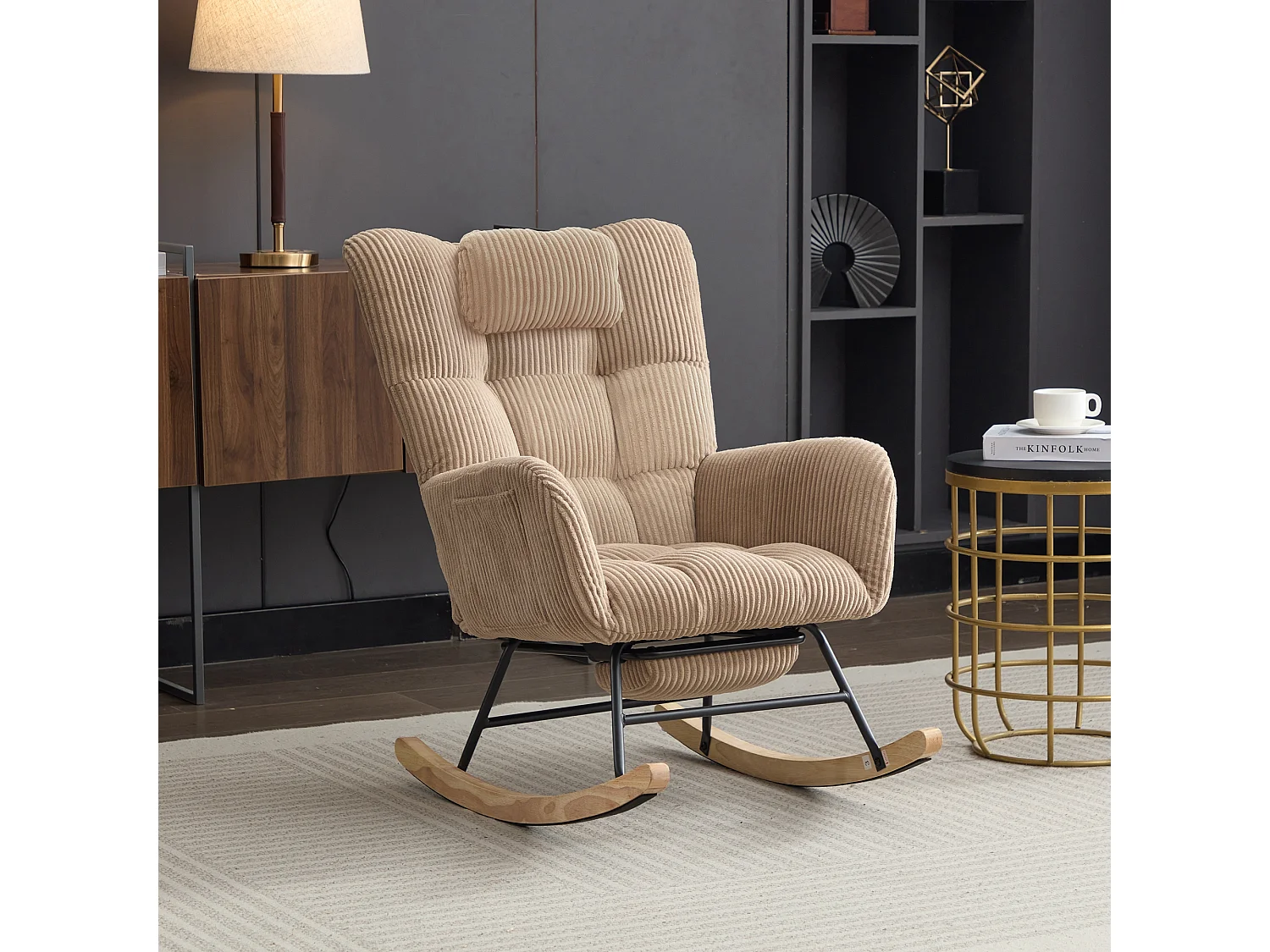 Rocking chair avec siège rembourré - 102 x 65 x 92 cm - dossier haut - avec coussin de nuque - bois - marron