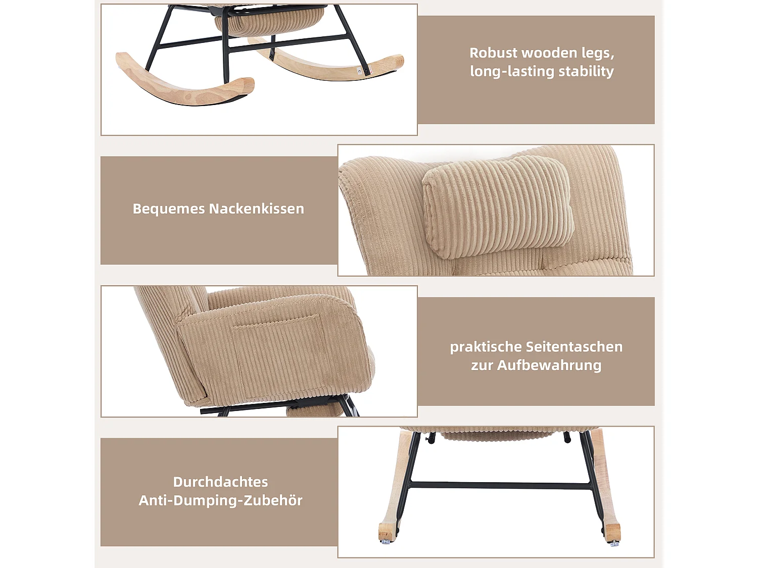 Rocking chair avec siège rembourré - 102 x 65 x 92 cm - dossier haut - avec coussin de nuque - bois - marron