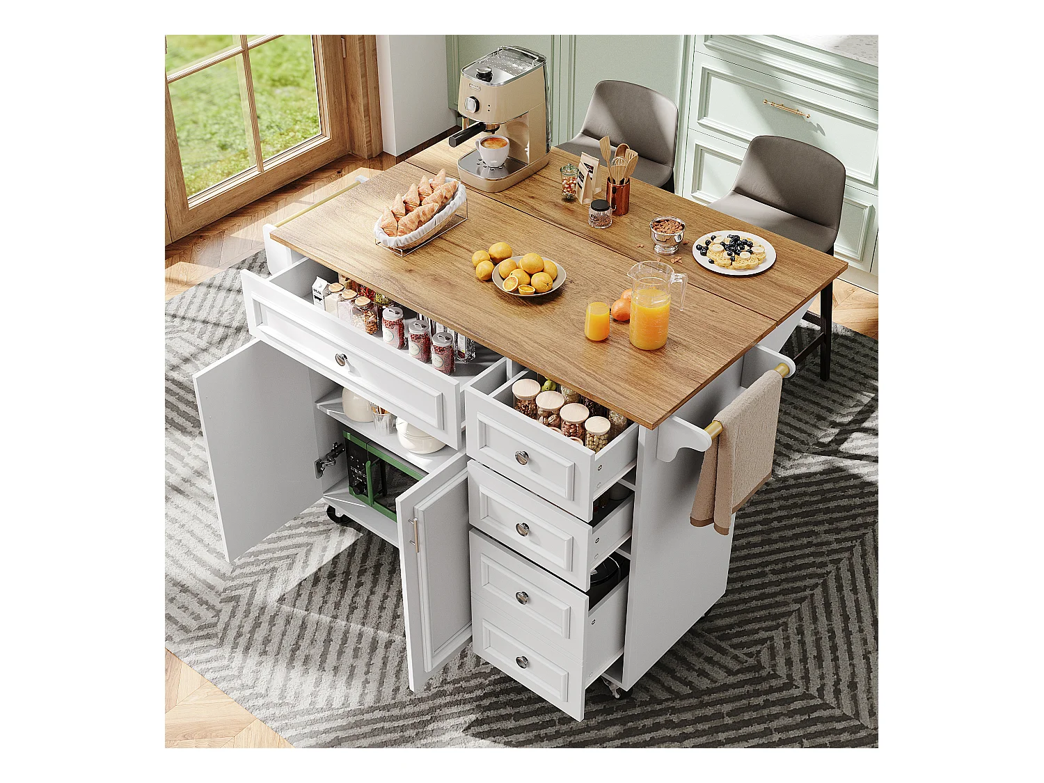 Keukeneiland - 110 x 45-75 x 92cm - uitneembare serveerwagen - met 5 lades + 2 deuren - MDF - wit