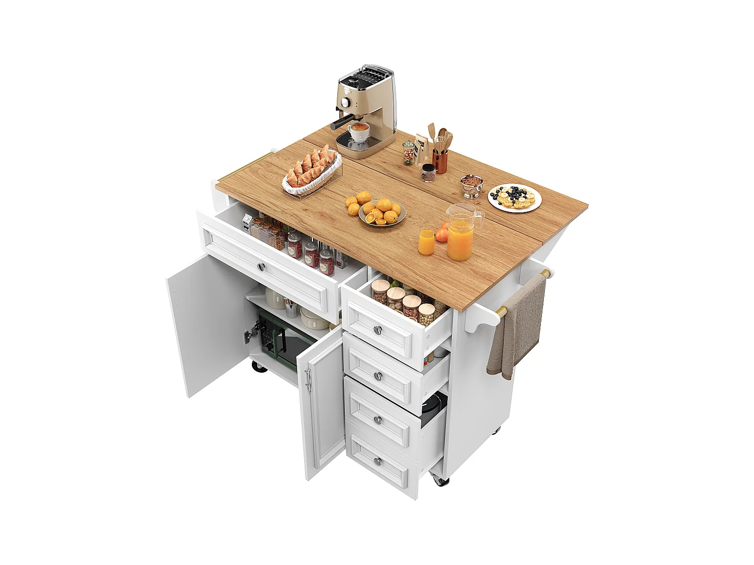 Keukeneiland - 110 x 45-75 x 92cm - uitneembare serveerwagen - met 5 lades + 2 deuren - MDF - wit