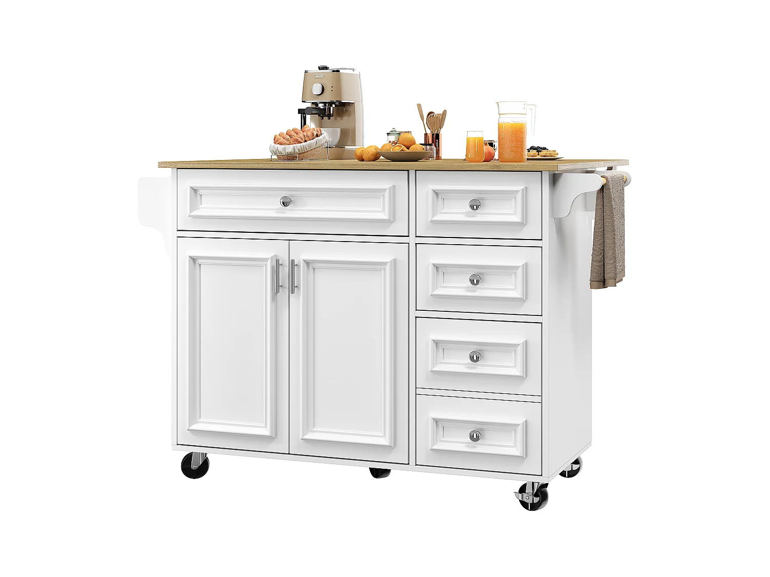 Keukeneiland - 110 x 45-75 x 92cm - uitneembare serveerwagen - met 5 lades + 2 deuren - MDF - wit