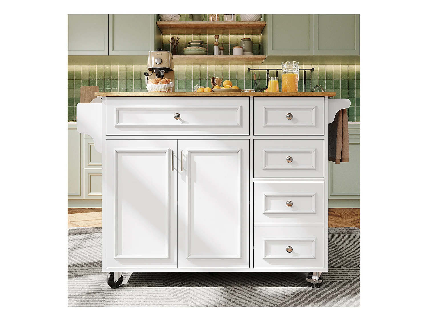 Îlot de cuisine - 110 x 45-75 x 92cm - chariot de service amovible - avec 5 tiroirs + 2 portes - MDF - blanc