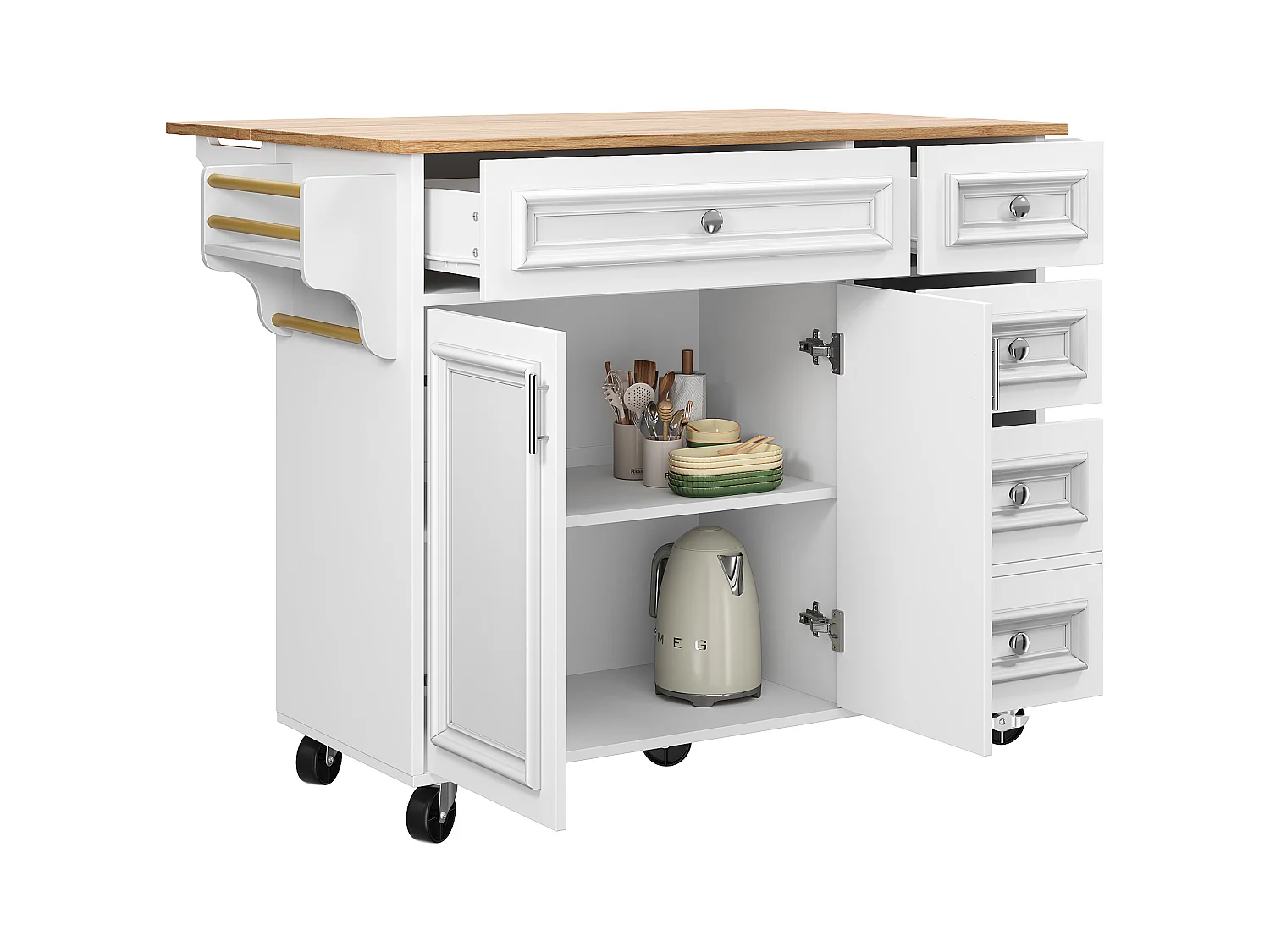 Îlot de cuisine - 110 x 45-75 x 92cm - chariot de service amovible - avec 5 tiroirs + 2 portes - MDF - blanc