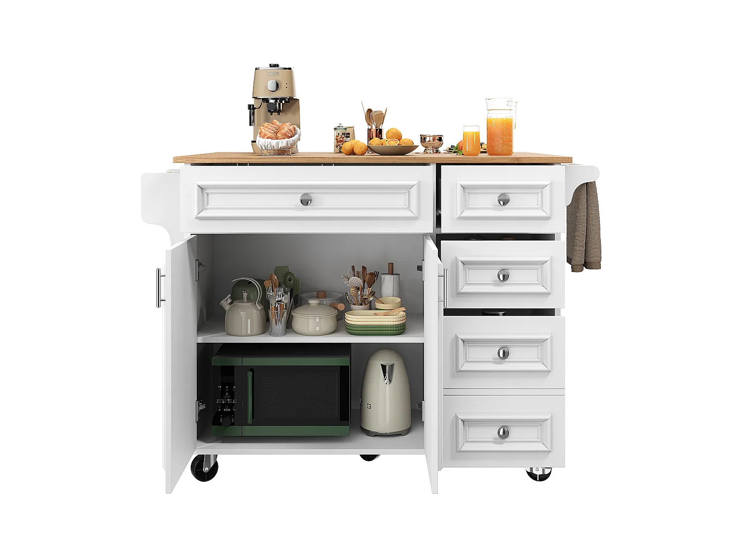 Îlot de cuisine - 110 x 45-75 x 92cm - chariot de service amovible - avec 5 tiroirs + 2 portes - MDF - blanc
