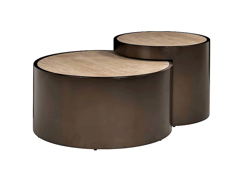 Table basse ronde design beige effet travertin et base bronze