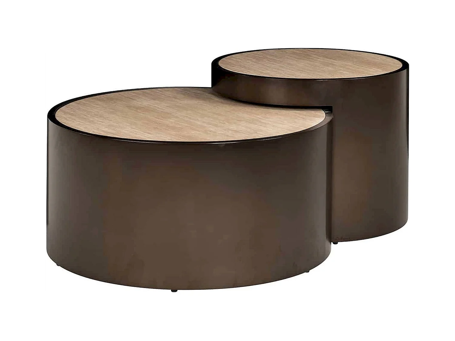 Table basse ronde design beige effet travertin et base bronze