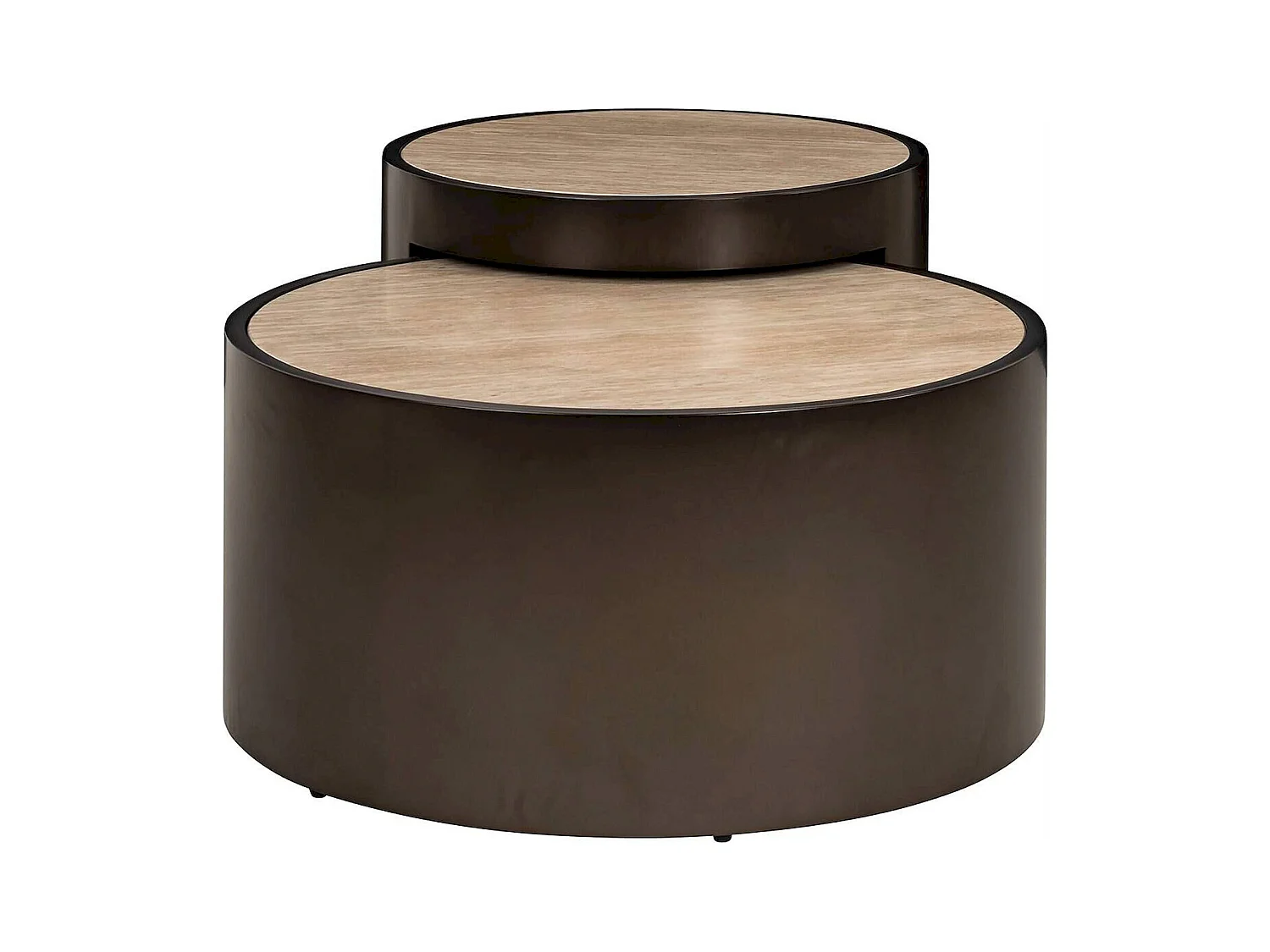 Table basse ronde design beige effet travertin et base bronze