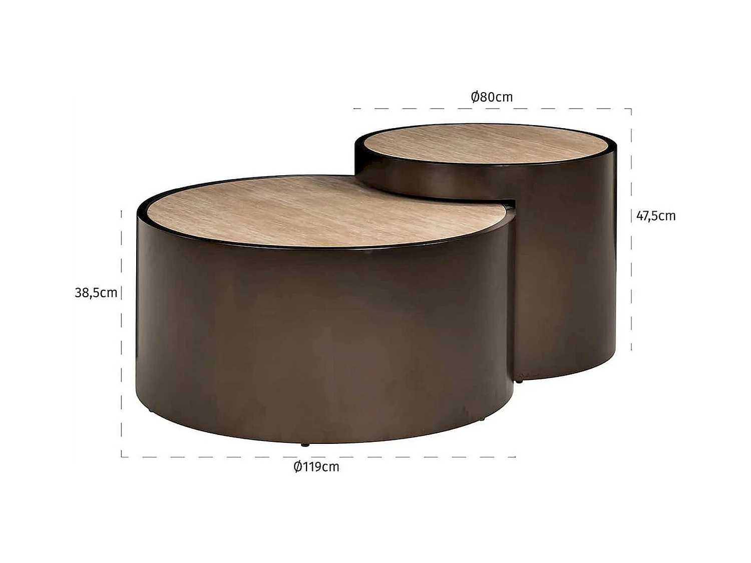 Table basse ronde design beige effet travertin et base bronze