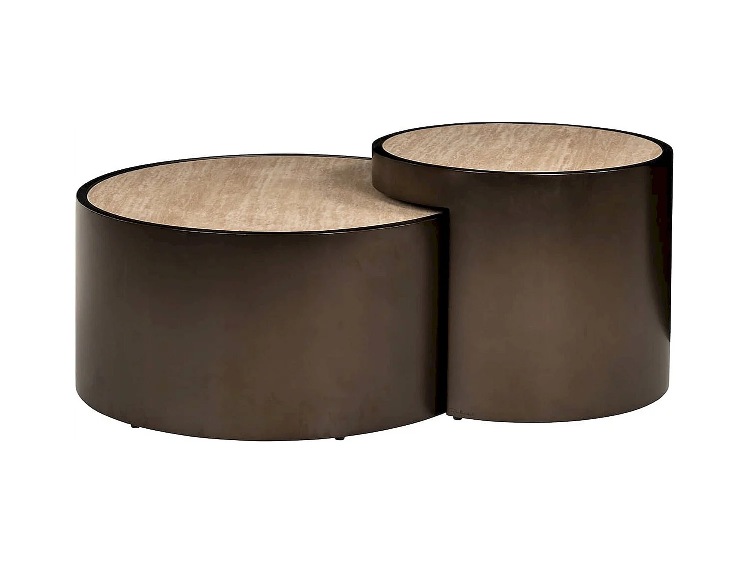 Table basse ronde design beige effet travertin et base bronze