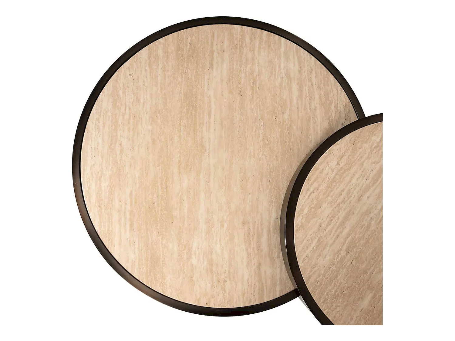 Table basse ronde design beige effet travertin et base bronze