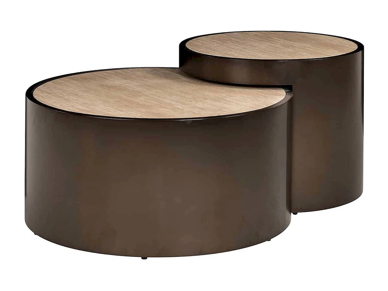 Table basse ronde design beige effet travertin et base bronze