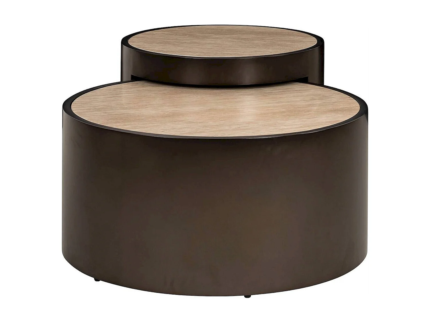 Table basse ronde design beige effet travertin et base bronze