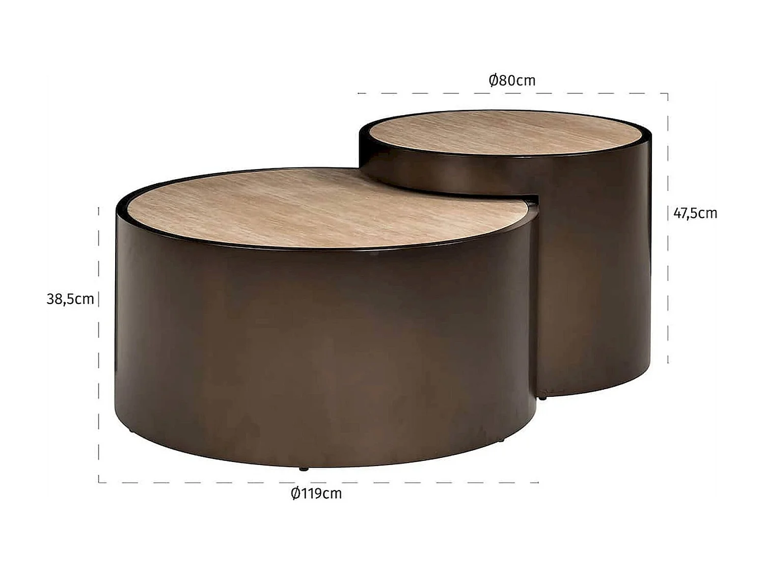 Table basse ronde design beige effet travertin et base bronze