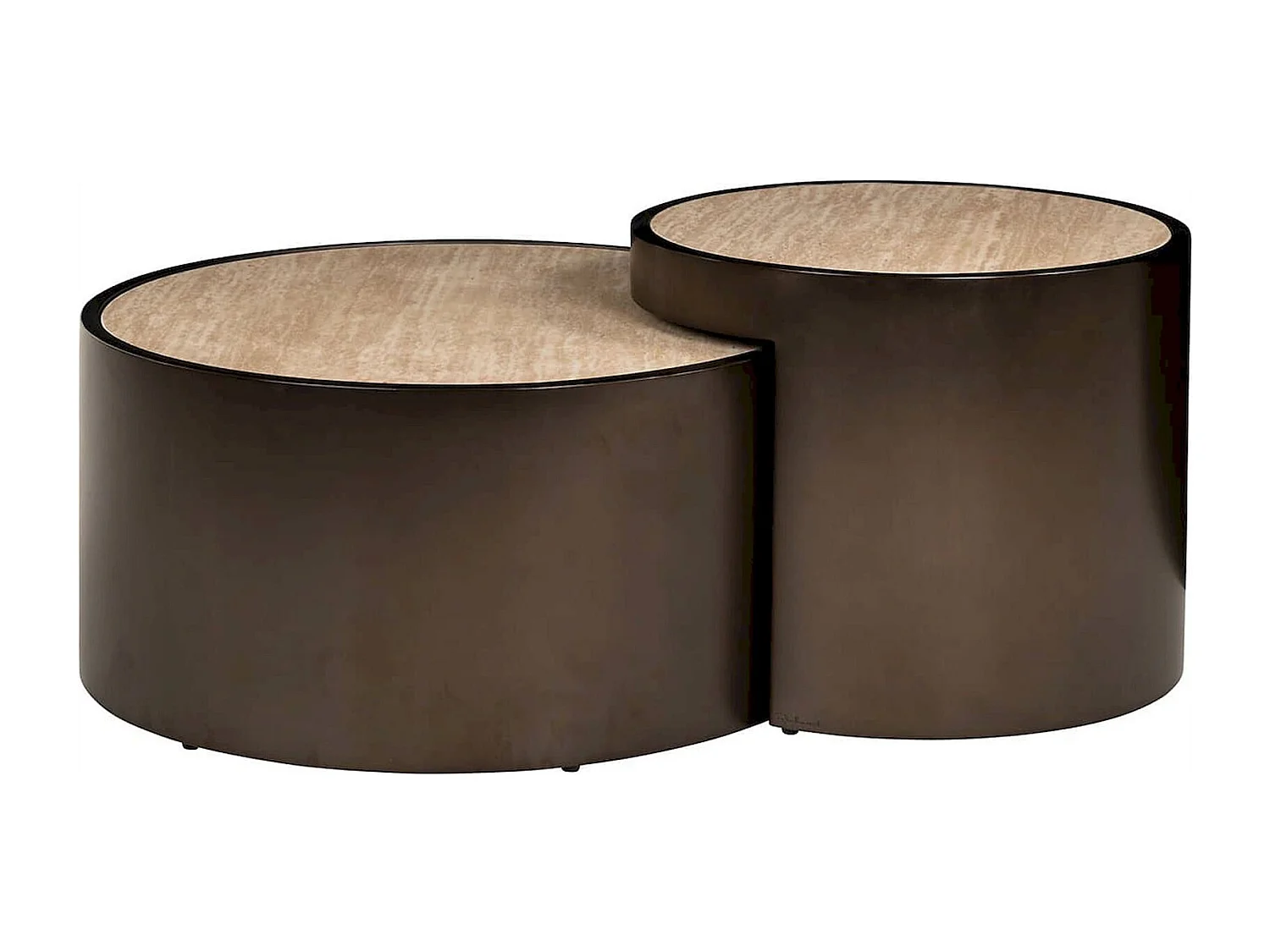 Table basse ronde design beige effet travertin et base bronze
