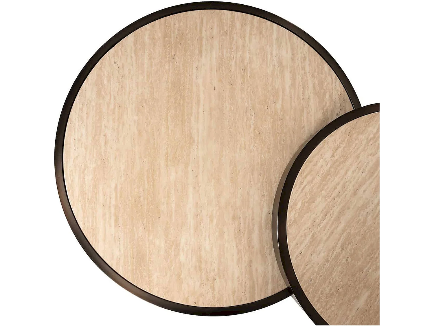 Table basse ronde design beige effet travertin et base bronze