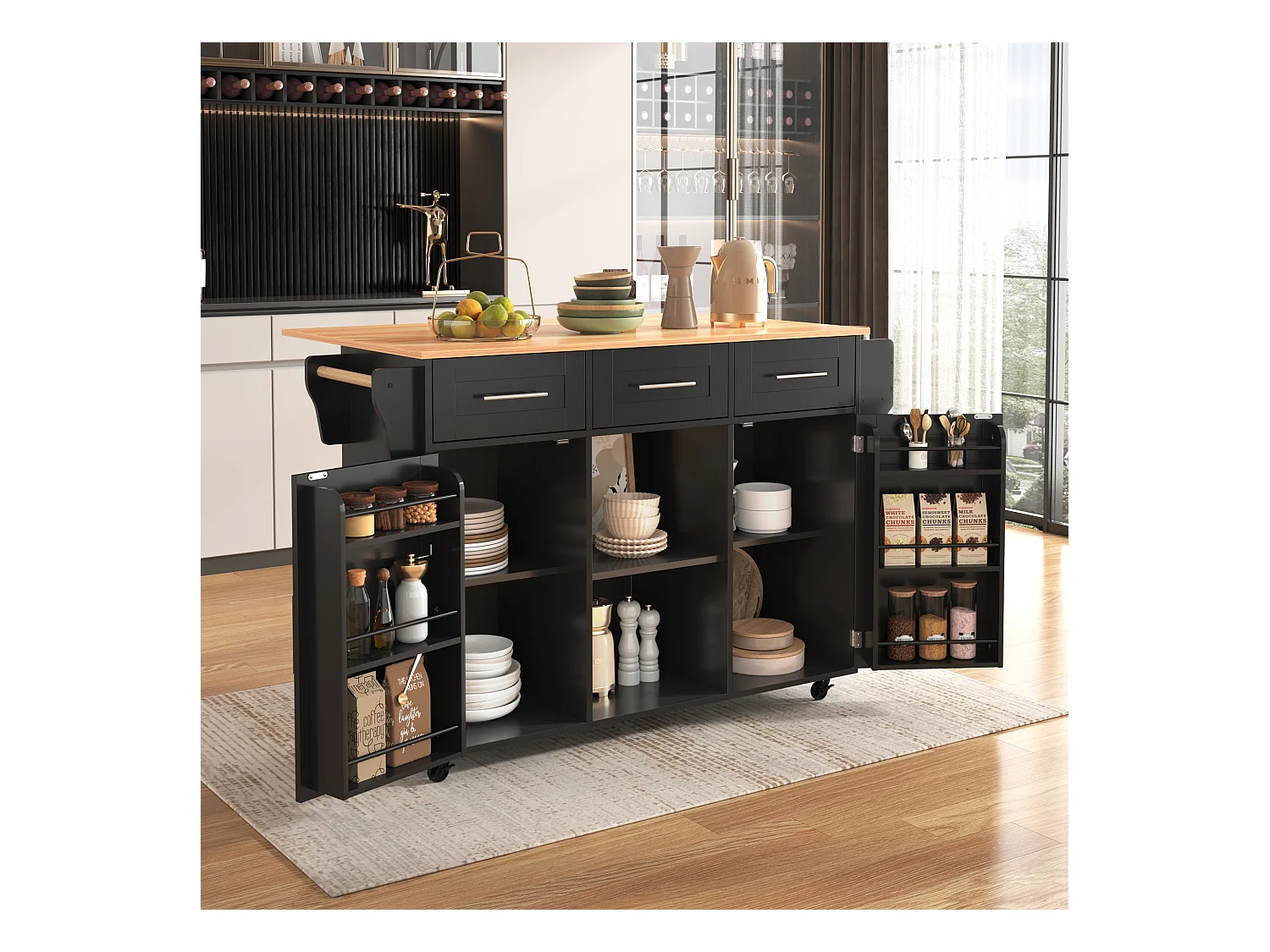 Îlot de cuisine à roulettes - 139 x 46/71 x 91.5 cm - plan rabattable + 2 portes + 3 tiroirs - MDF - noir