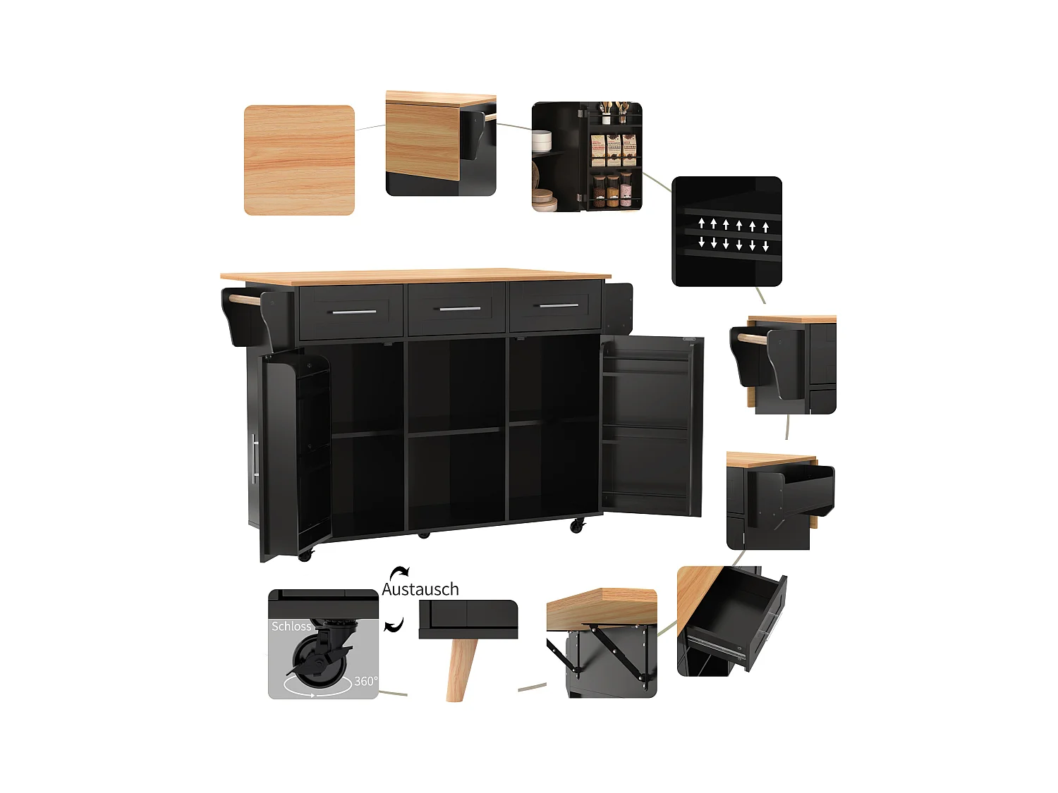 Îlot de cuisine à roulettes - 139 x 46/71 x 91.5 cm - plan rabattable + 2 portes + 3 tiroirs - MDF - noir