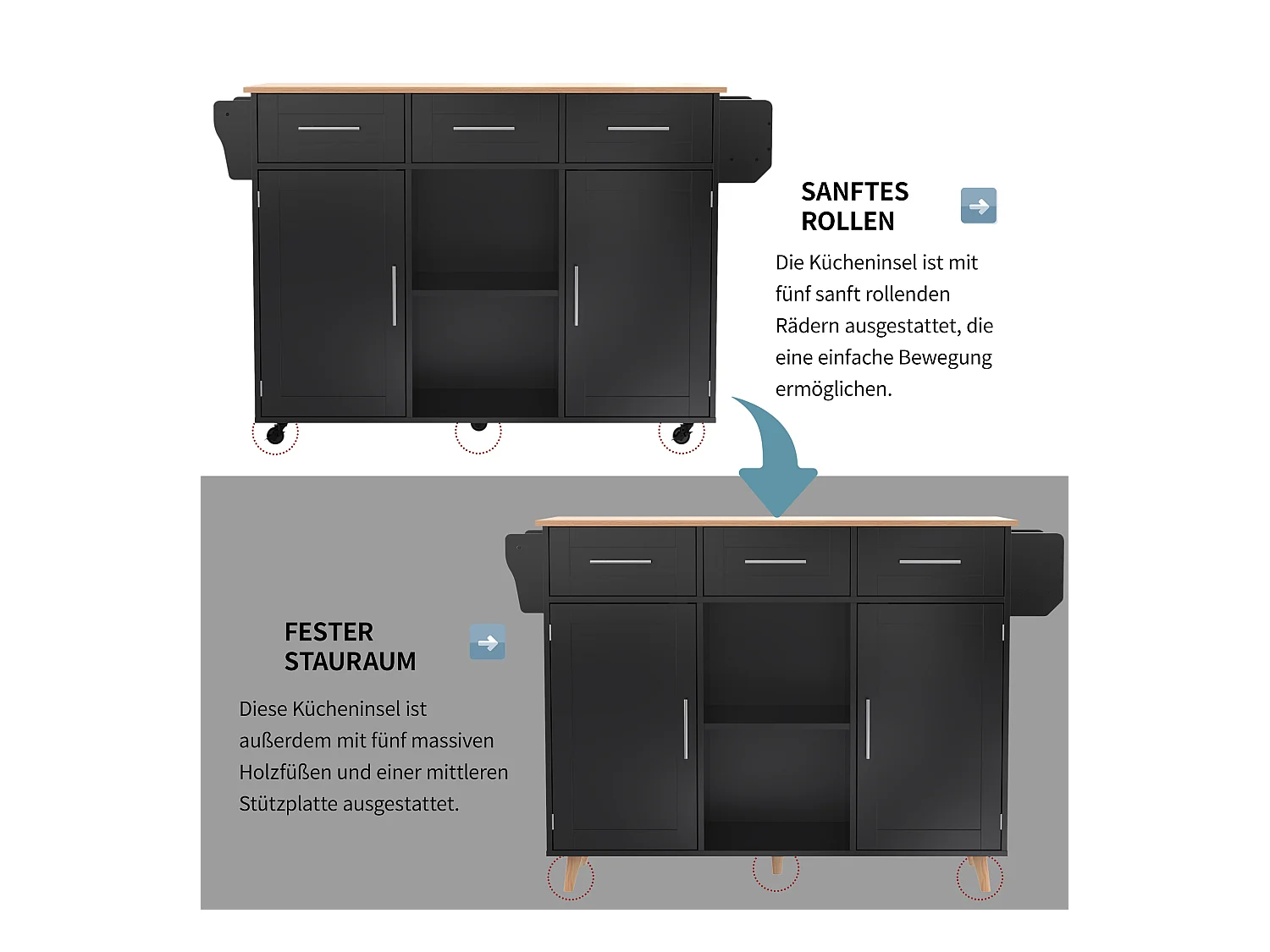 Îlot de cuisine à roulettes - 139 x 46/71 x 91.5 cm - plan rabattable + 2 portes + 3 tiroirs - MDF - noir