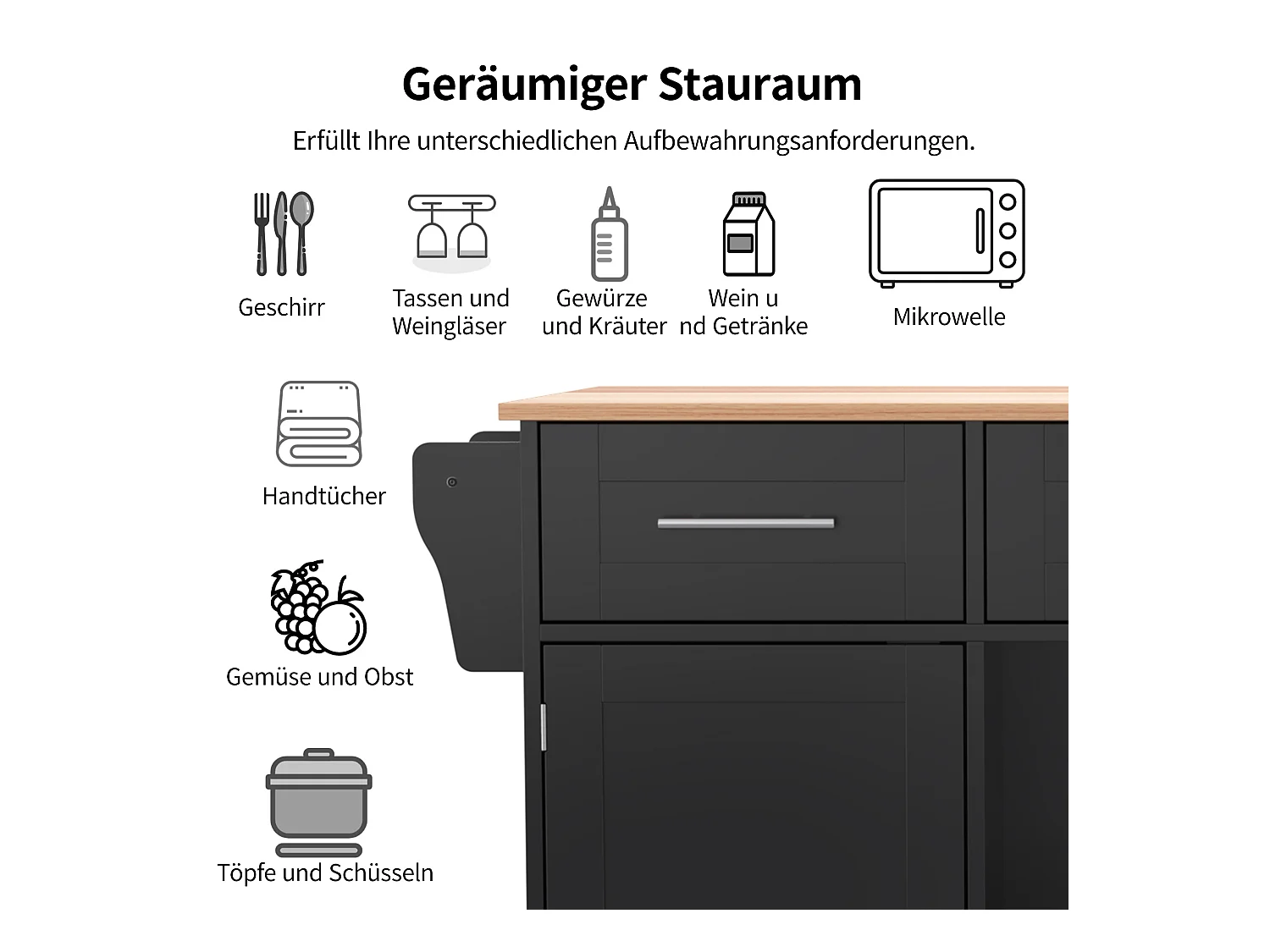 Îlot de cuisine à roulettes - 139 x 46/71 x 91.5 cm - plan rabattable + 2 portes + 3 tiroirs - MDF - noir