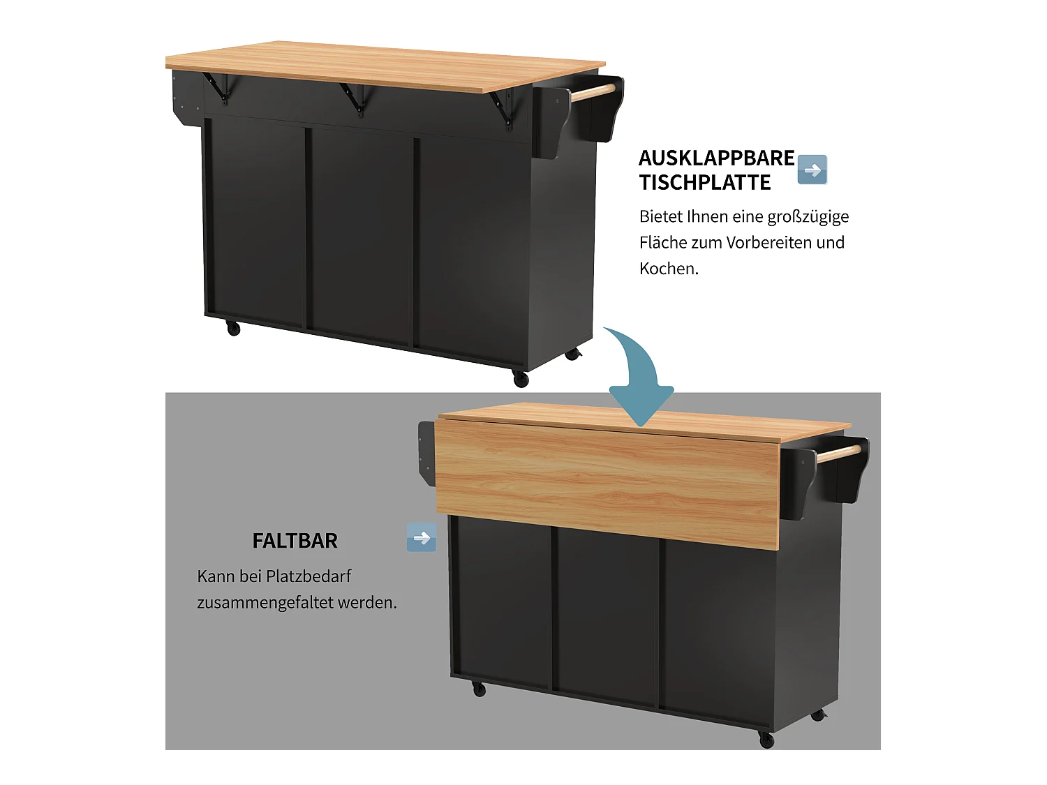 Îlot de cuisine à roulettes - 139 x 46/71 x 91.5 cm - plan rabattable + 2 portes + 3 tiroirs - MDF - noir