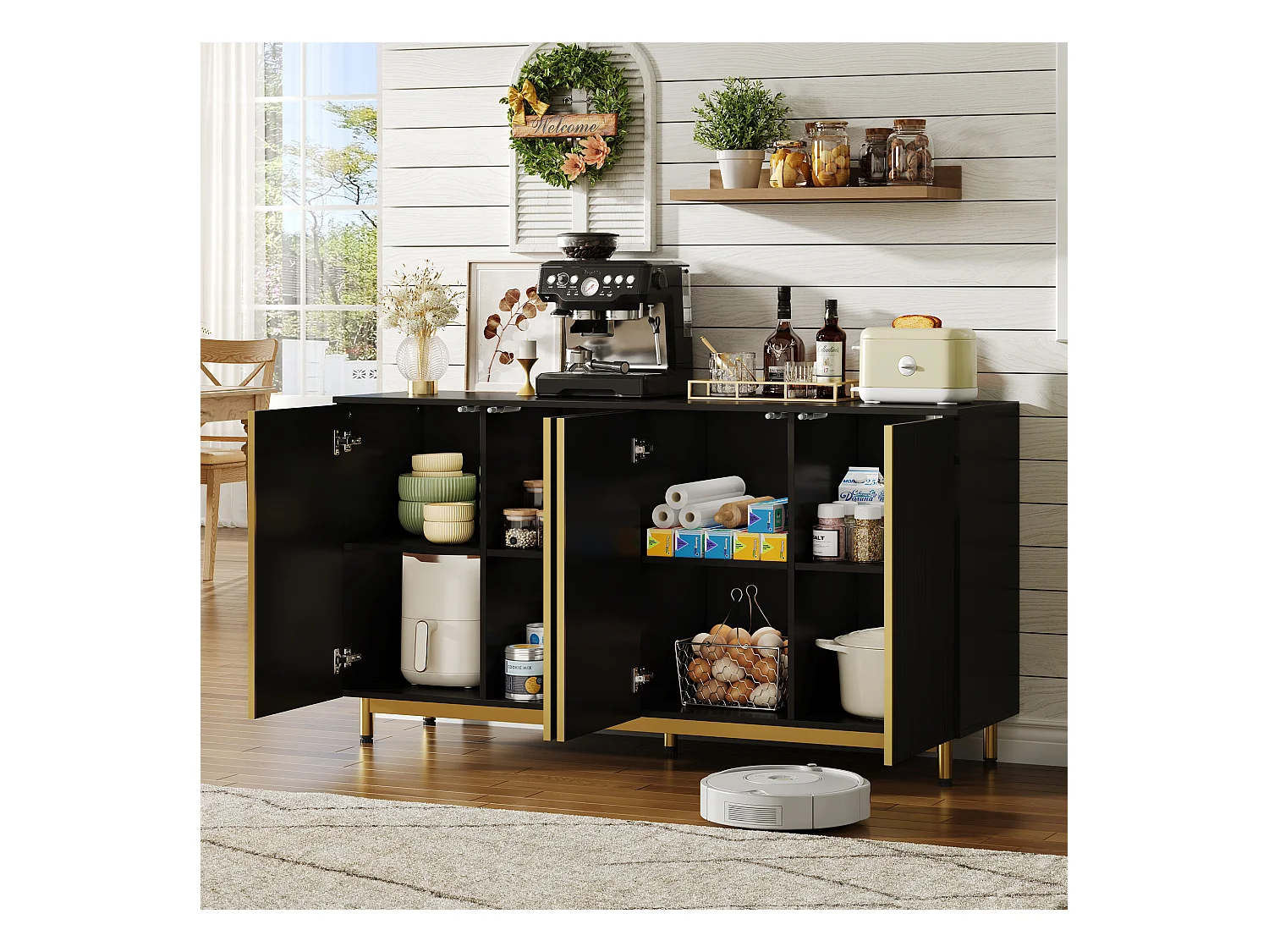 Buffet moderno 150×41,5×81 cm - com 4 portas - preto + dourado